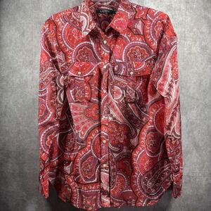 Lauren Ralph Lauren Shirt Womens Large Red Paisley Western Snap Long Sleeve Silk